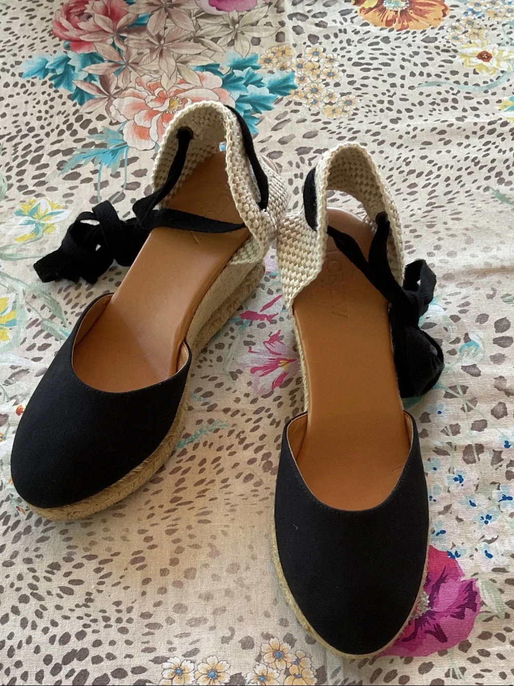 J. Crew Black Espadrille Wedges with Cream Braided Heel and Ankle Ties